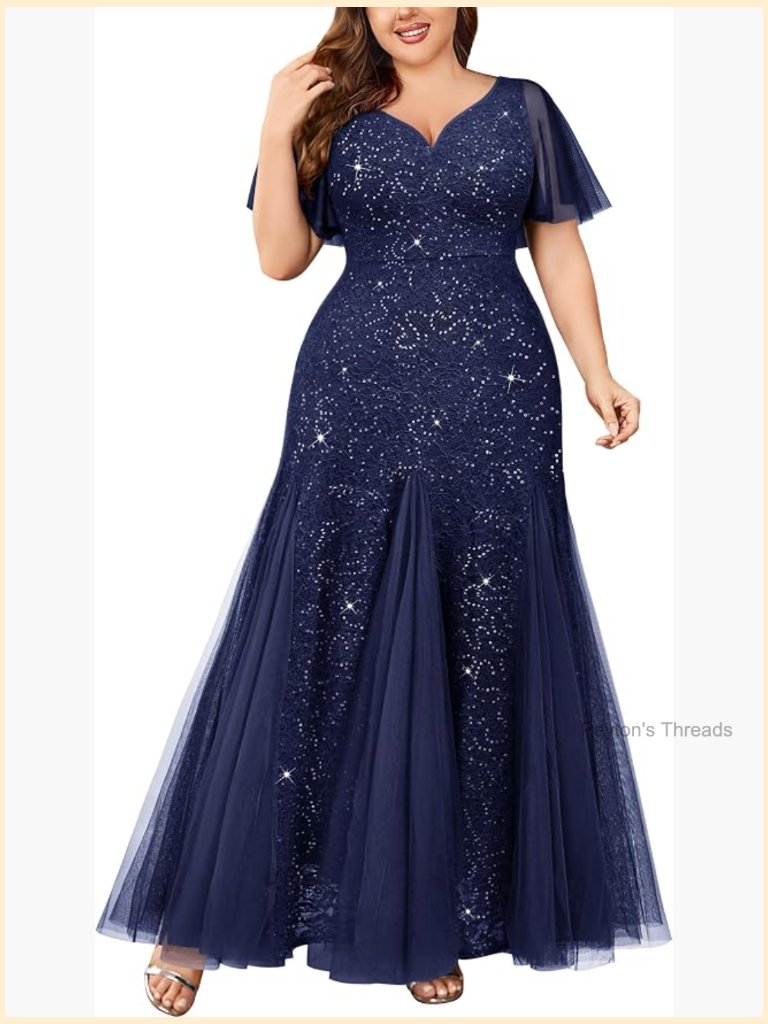 Plus Size Sequins Lace Tulle Mermaid V Neck Formal Evening Maxi Dress